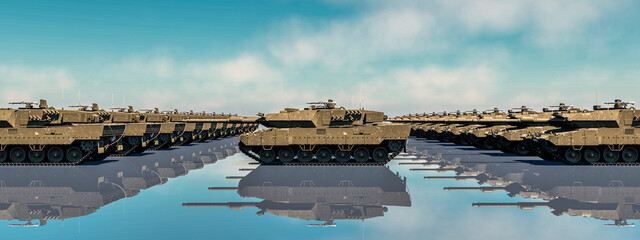 Steel Titans: An Endless Formation of Tanks Mirrored in the Calm Waters