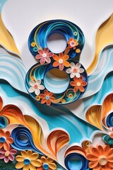 Vibrant bouquet of paper flowers with number 8, vintage quilling aesthetic celebrating beauty, International Women's Day March 8 greeting card or poster, flat lay with copy space.