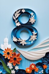Vibrant bouquet of paper flowers with number 8, vintage quilling aesthetic celebrating beauty, International Women's Day March 8 greeting card or poster, flat lay with copy space.