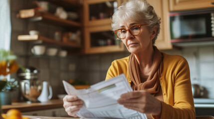 Elderly woman holds a paper bill as she endeavors to decipher its contents, managing her finances. Vintage and blurry kitchen background. - obrazy, fototapety, plakaty