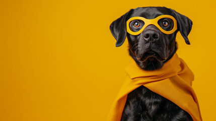Superhero black labrador with yellow cloak and mask. Super dog, courage and loyalty concept. - obrazy, fototapety, plakaty