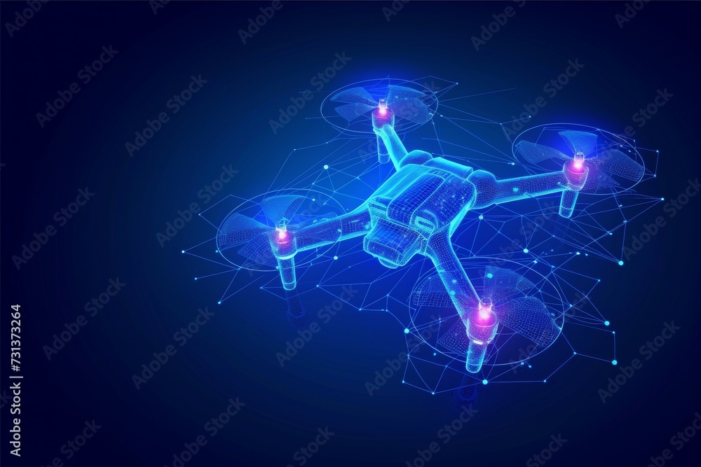 Poster drone hologram made of dots. invention and research concept. background with selective focus and cop