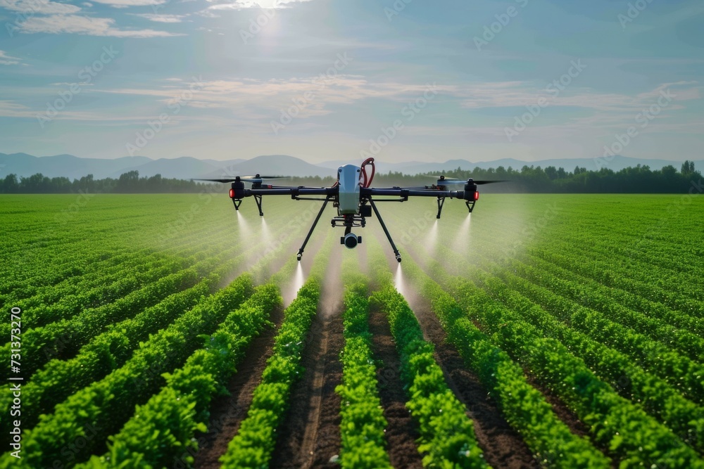 Poster a modern drone irrigates a field on a farm with fertilizer. background with selective focus and copy