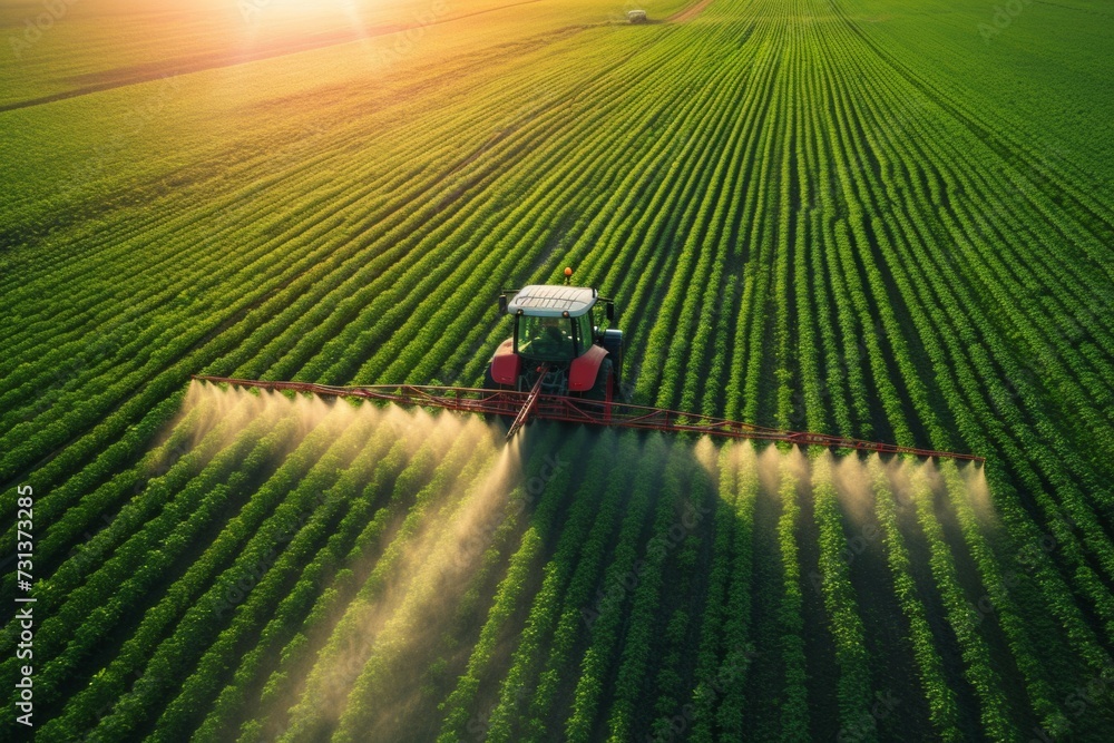 Poster a tractor irrigates the soil with fertilizer. background with selective focus and copy space