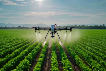 A modern drone irrigates a field on a farm with fertilizer. Background with selective focus and copy space - obrazy, fototapety, plakaty