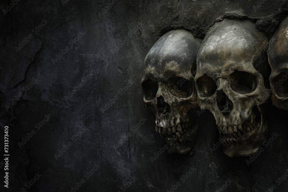 Poster skulls in dark gloomy style. background for design with selective focus and copy space.