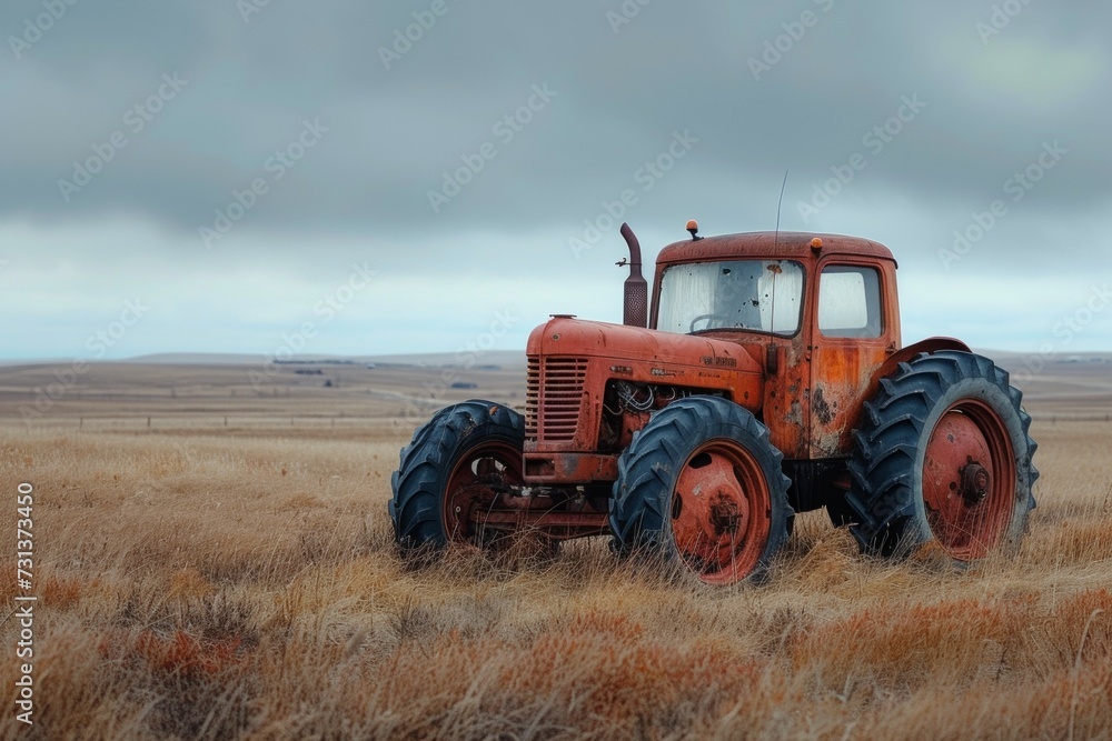 Poster tractor in the field. background with selective focus and copy space