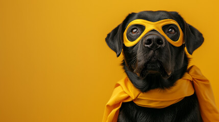 Superhero black labrador with yellow cloak and mask. Super dog, courage and loyalty concept.
