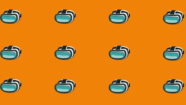 The bunch of virtual reality glasses are dropping down. The background is dark orange colored.