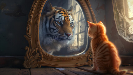 An Ai generative image of small orange cat looking at the huge tiger inside the mirror on the wall.