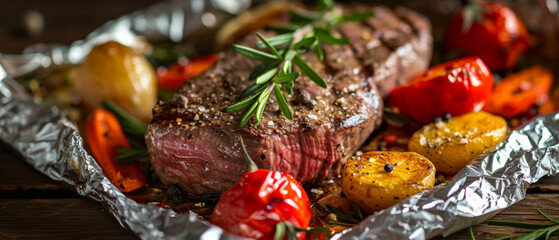 Grilled beef steak and baked vegetables on tin foil. Concept for National Barbecue Day, May 16.