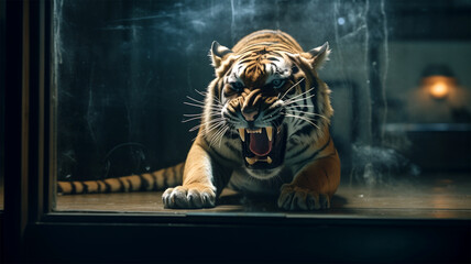 An AI generative image of roaring tiger in the mirror in dark area.