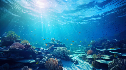 Sunlight illuminating exotic underwater landscape with coral riffs and fish. Tropical marine nature. Seafloor rich with living organisms. Clean ocean with healthy ecosystem. - obrazy, fototapety, plakaty