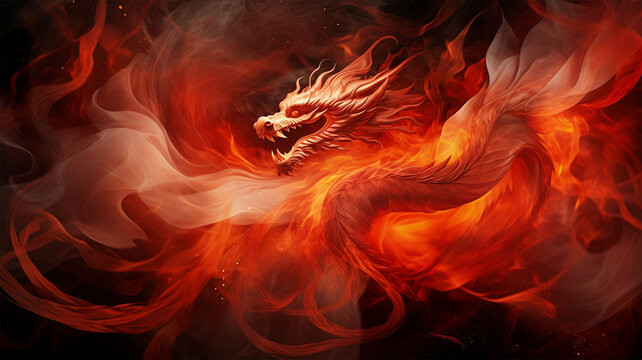 An AI generative image of dragon in flame and swirl smoke on dark background.