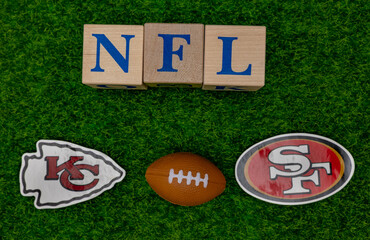 Naklejka premium February 7, 2024, Las Vegas, USA. The emblems of football clubs San Francisco 49ers and Kansas City Chiefs participating in the Super Bowl playoffs of the National Football League..