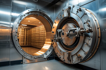 Open Bank Vault Door Revealing Safety Deposit Boxes in Depositary - obrazy, fototapety, plakaty