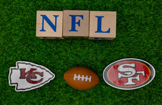February 7, 2024, Las Vegas, USA. The emblems of football clubs San Francisco 49ers and Kansas City Chiefs participating in the Super Bowl playoffs of the National Football League..