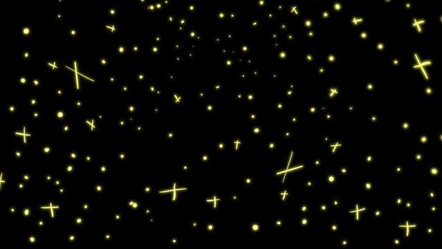 Golden cartoon stars sparkle and rotate on a black screen. Yellow glowing lights with 3D rotation effect in 4K with alpha channel. Stock video effect with glitter and magic for overlay.