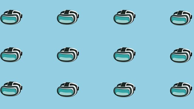 The bunch of virtual reality glasses are dropping down. The background is turquoise colored.