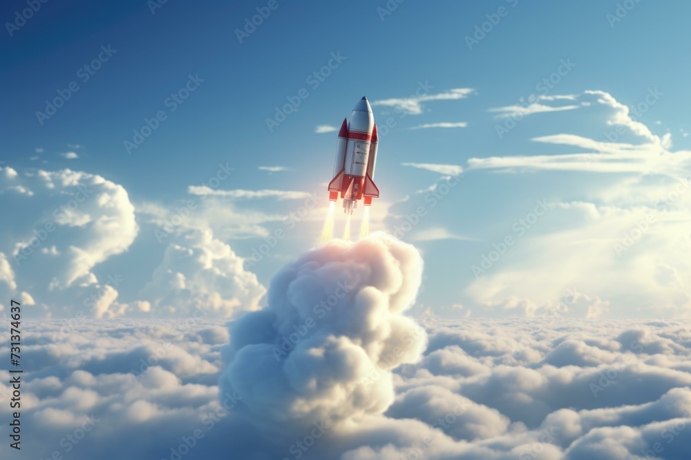 Poster a rocket is flying through the clouds. generative ai.