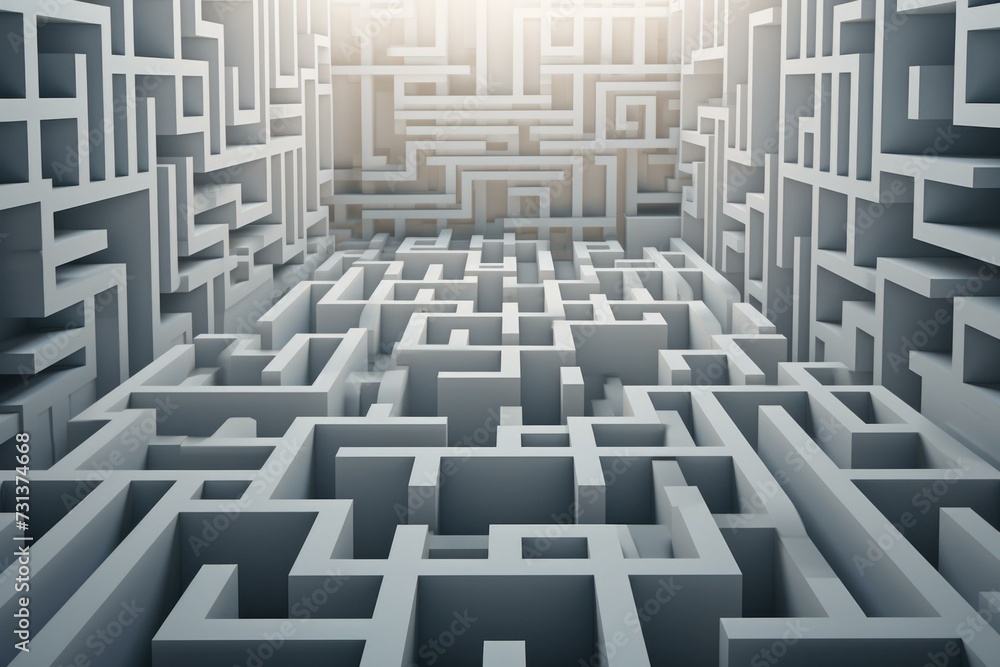 Poster a maze with many different paths leading to the light. generative ai.