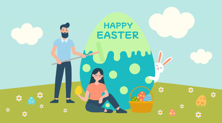 Obraz na płótnie Canvas Festive banner for Happy Easter with couple dyeing big egg