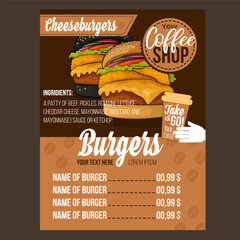 Menu with burgers. Advertising template. Ingredients