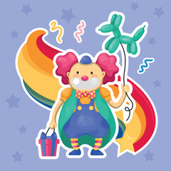 Funny and cute clown with a dog-shaped balloon on a rainbow background. A funny greeting card for children.