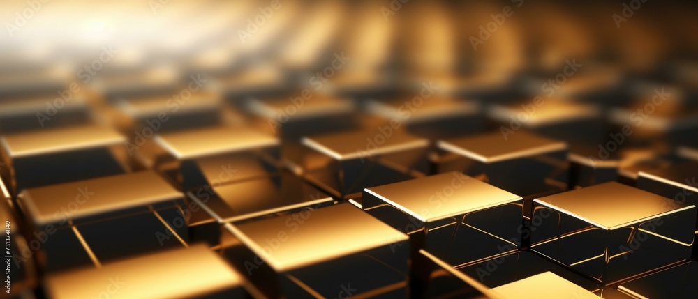 Poster 3d rendering of gold cubes on a black background. generative ai.