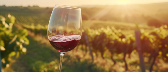 Sommelier is spinning a glass of red wine at sunset, with his vineyard in the background.
