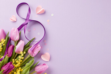 Obraz na płótnie Canvas Glory to women: impressive events leading to march 8th. Top view photo of silk ribbon in an 8 shape, beautiful tulips, mimosa, confetti, pink hearts on purple background with space for festive text
