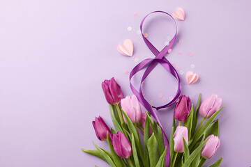Honoring mothers and women: march 8th celebration in our community. Top view shot of 8-shaped ribbon, beautiful tulips, confetti, pink hearts on purple background with space for festive text