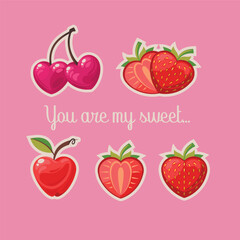 A set of berries in the shape of hearts. Cute stickers for Valentine's Day. Strawberry, cherry and apple.