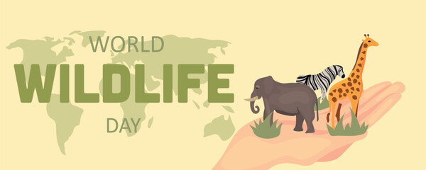Banner for World Wildlife Day with drawn map, animals and human hand