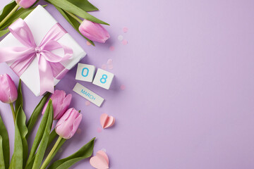 Ideal gifts for special women: selection for march 8th. Top view photo of cube calendar, gift box,...