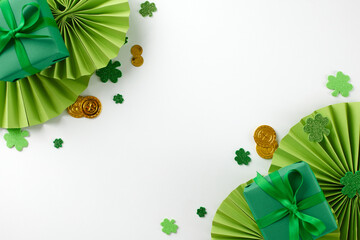 Shamrock shopping: unique finds for St. Paddy's Day. Top view photo of present boxes, folding fans,...