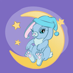 A cute little bunny in a sleeping cap sits on the moon against a starry sky. Illustration for children's clothing