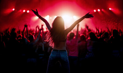 A young Caucasian woman dancing at a rave festival , having super fun
