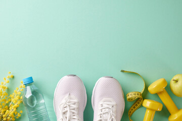 Revitalize your routine: springtime fitness regimens for success. Top view photo of white sneakers,...