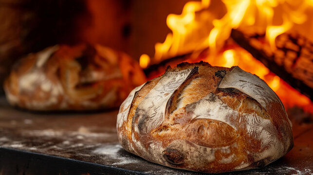 Freshly baked sourdough bread in front of an open flame oven. rustic charm of traditional baking process. Generative ai.