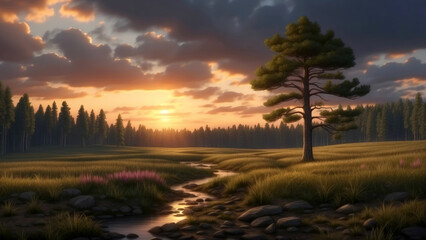 Spring landscape with pine forest surrounded by meadows and natural sky at sunset. Generative ai
