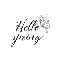 Text HELLO, SPRING and drawn butterfly on white background