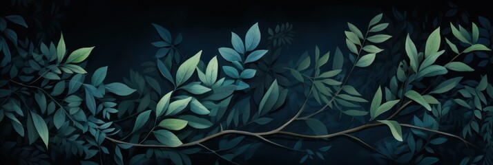 Green leaves and stems on a Blue background - obrazy, fototapety, plakaty