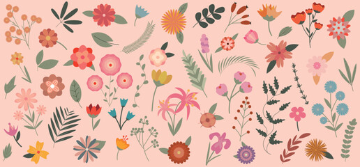 Many drawn flowers and leaves on pink background