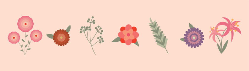 Naklejka premium Many drawn flowers and leaves on pink background