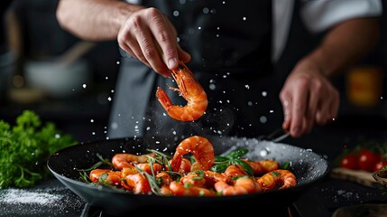 Seafood, professional chef preparing prawns with sprigg beans. Cooking seafood, healthy vegetarian food and food on a dark background - generative ai