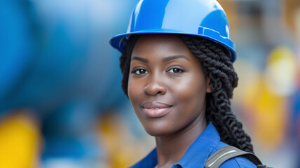 Portrait of an African American woman with a blue safety harness and helmet, operator in an industrial work environment, processing plant blurred in the background. copy space