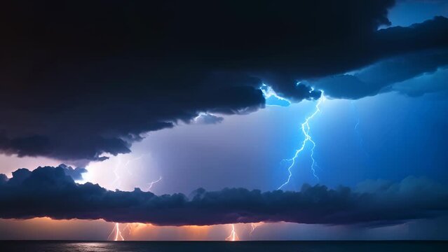 Dark thunderclouds and lightning, with flashes illuminating a blue gap in the sky above the horizon.
