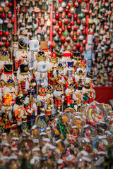 Display full of colorful Christmas ornaments and toys for sale at a souvenir shop in the old town...