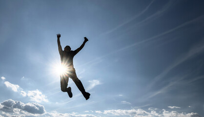 Man jumping with full sky background, sun rays, enjoying a moment of success, with space for text